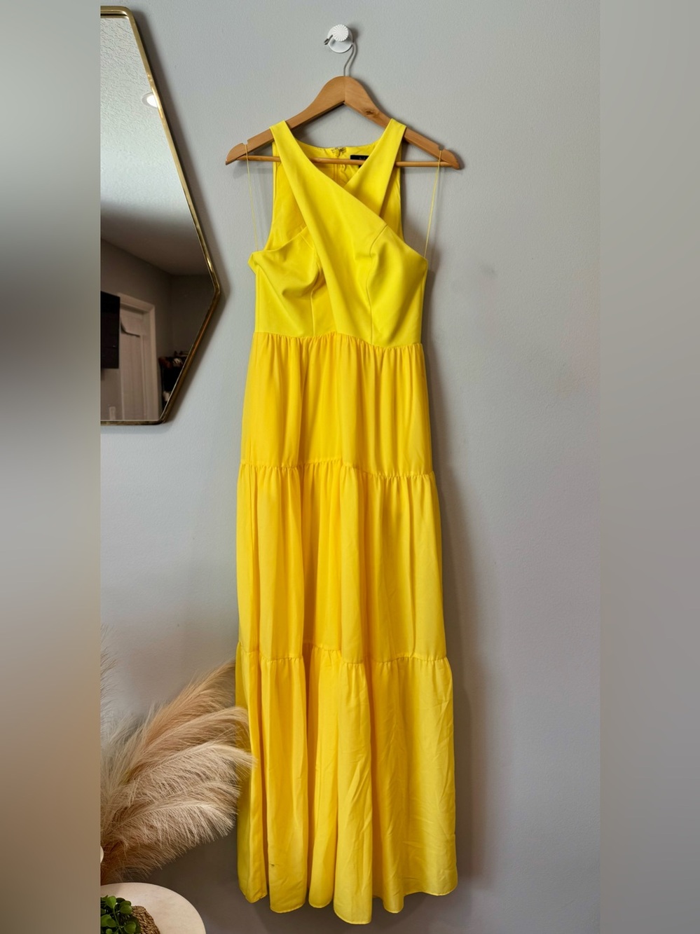 Aidan Mattox Bright Yellow Tiered Maxi Dress with Cross-Over Bodice Sz 8